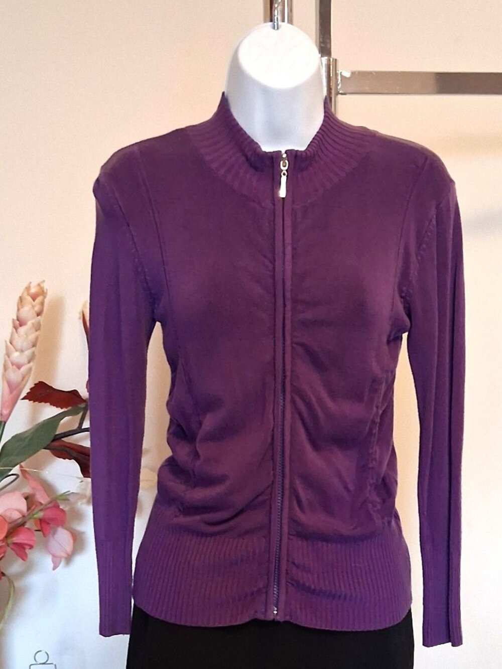 Quality Structured Knit Zip-Up Cardigan Sweater Women M Office Fall Winter Chic
